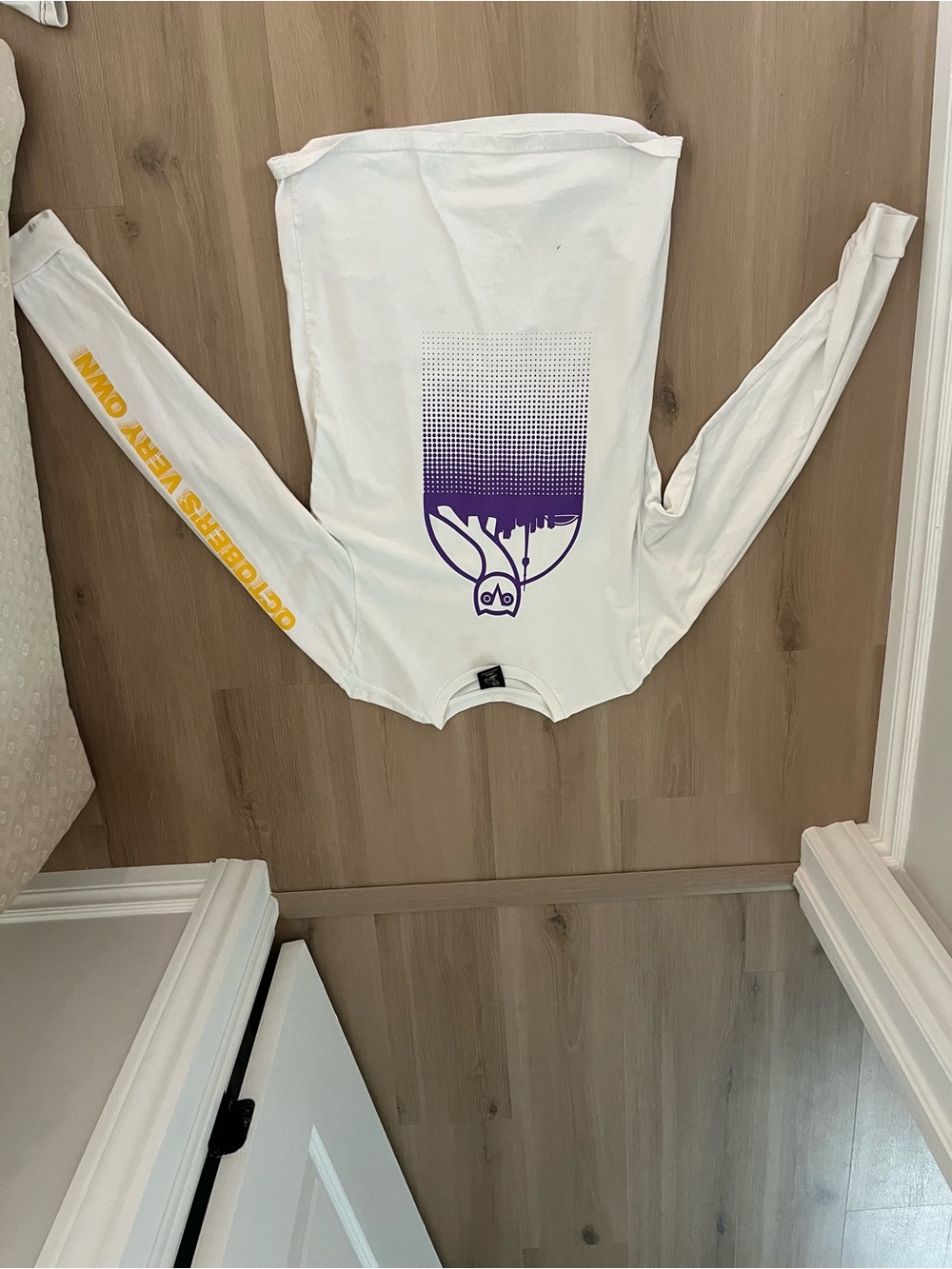 OVO White Long Sleeve Tee with Purple Owl Graphic and Yellow Sleeve Text